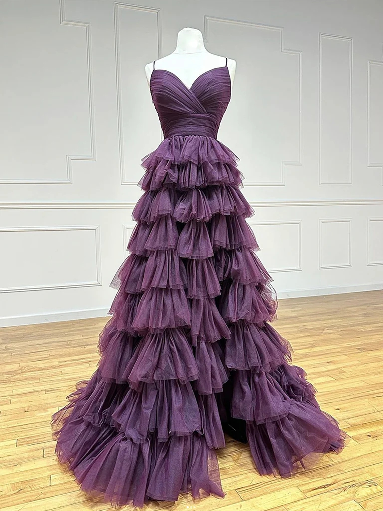 Strapless A-Line Sweetheart Backless Tulle Purple Long Prom Dresses