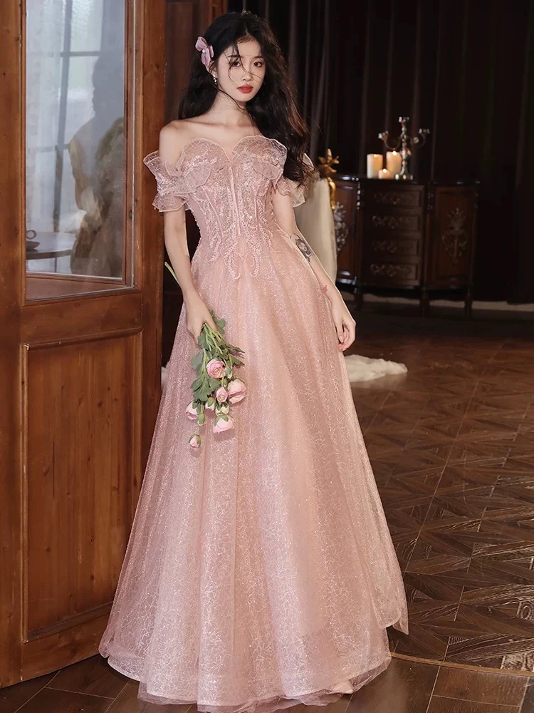 Romantic Off-Shoulder Corset Lace Gown with Train