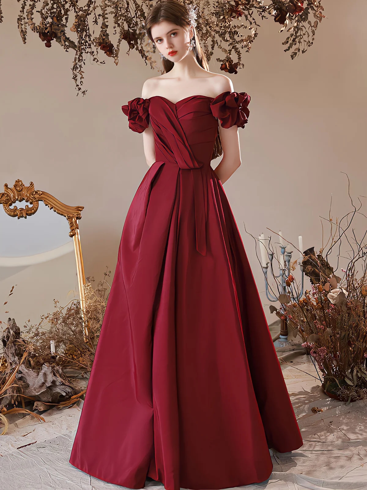 Elegant Burgundy Off Shoulder A Line Satin Long Prom Dresses