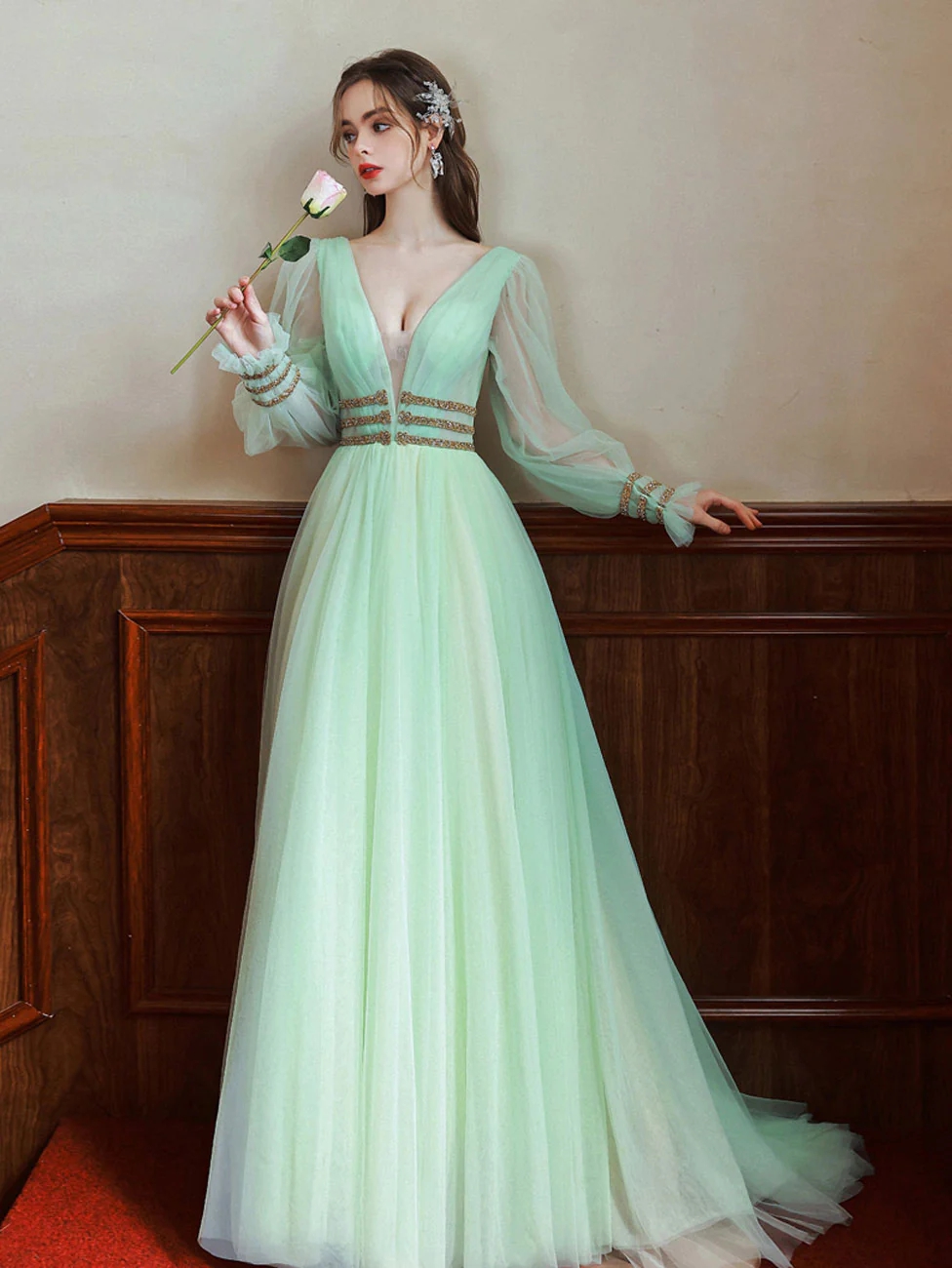 knee length dresses for ladies Emerald Green Long Sleeves Off The Shoulder Satin Lace Split Formal Dr –  Siaoryne main image 0