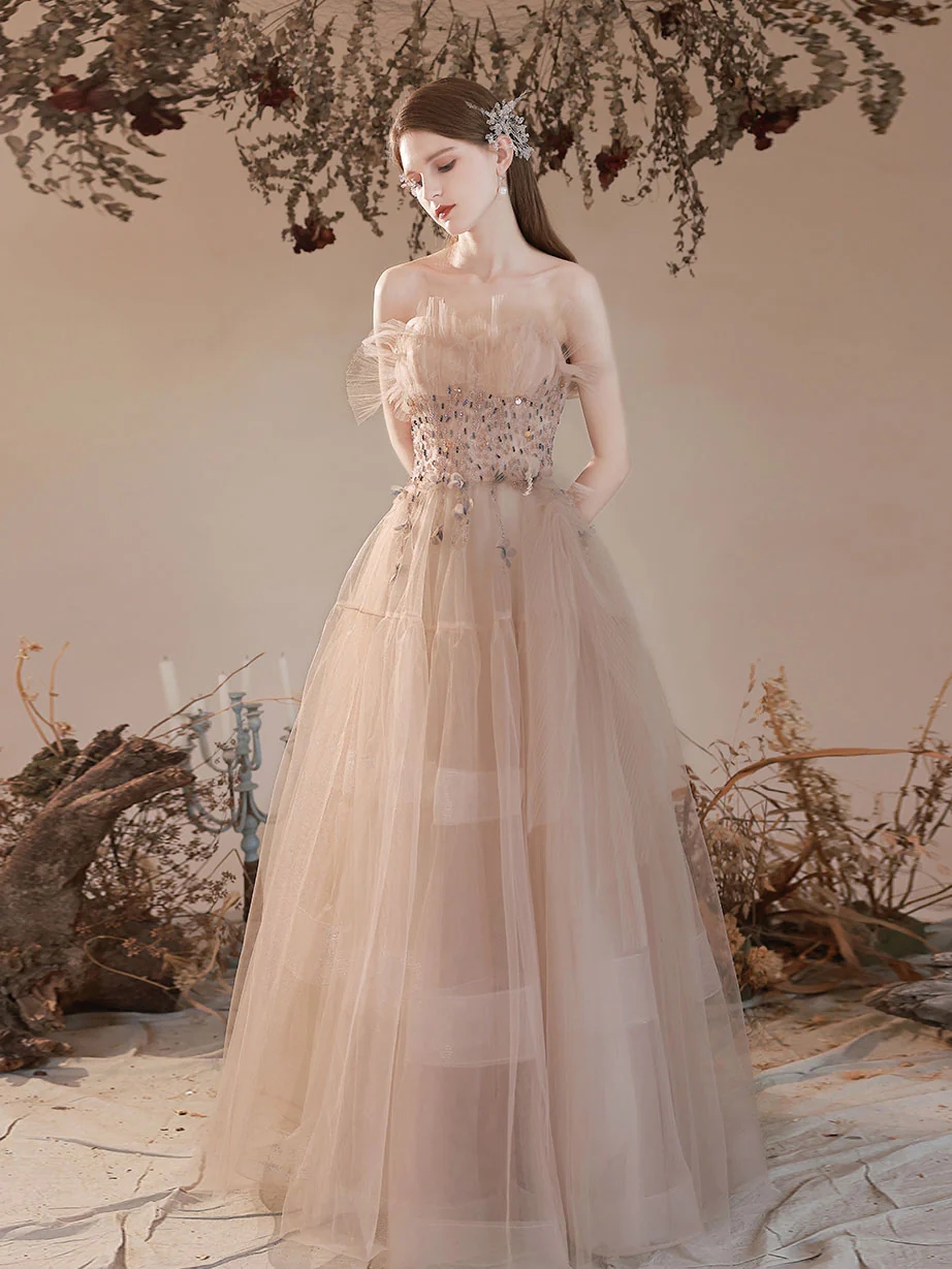 Ethereal Champagne Tulle Strapless Floral Gown on Luulla