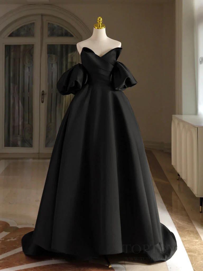 black prom dress with puff sleeves Black Satin Prom Dress with Beaded Puffed Sleeve 22319 Black / 22W