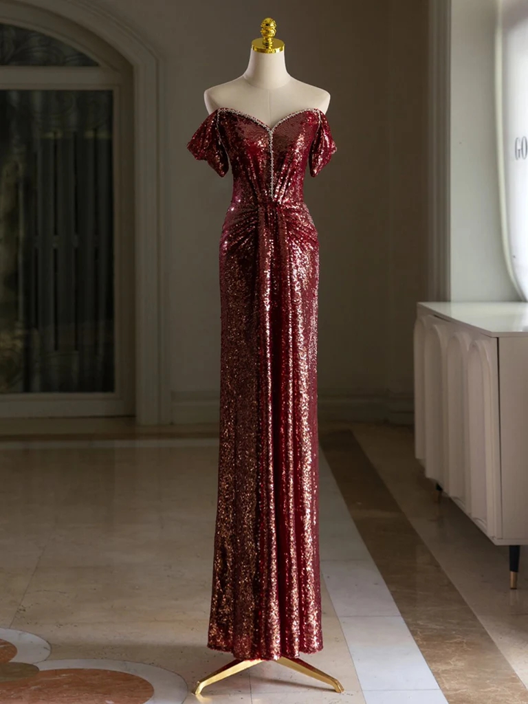Off Shoulder Sheath Sequin Burgundy Long Prom Dresses