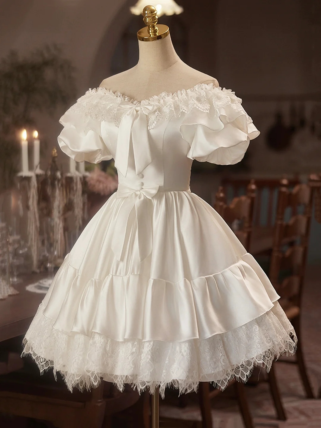 Vintage-inspired Off-shoulder White Dress With Lace Layers