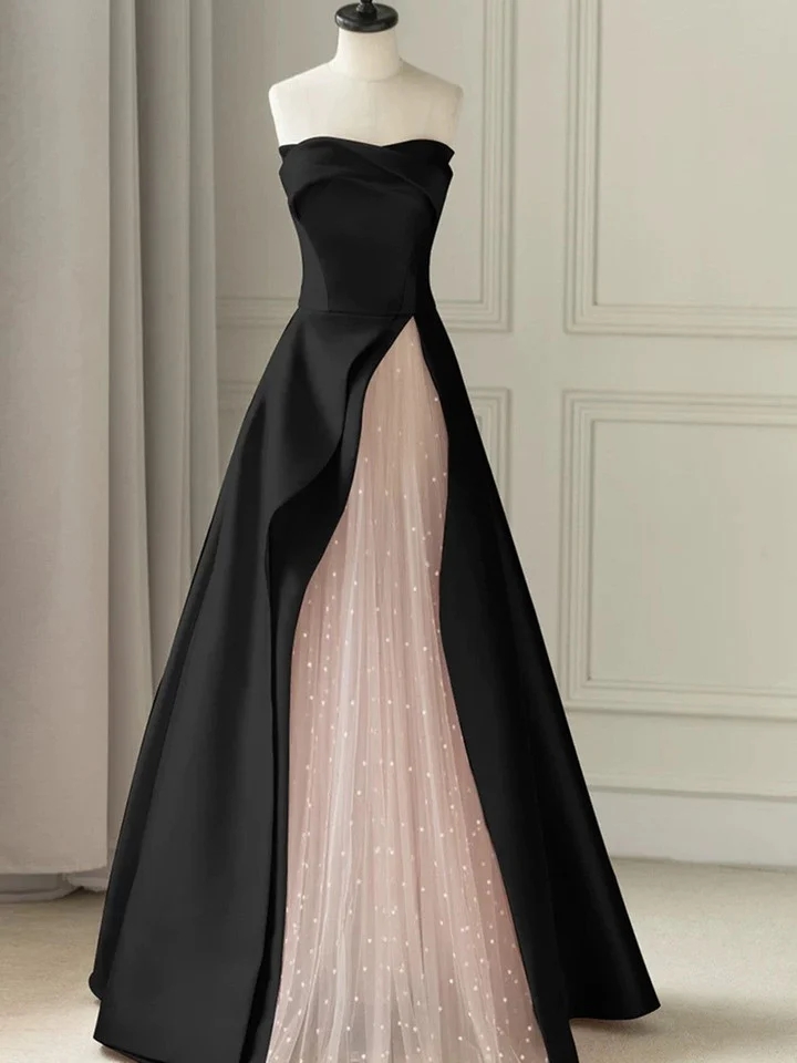 Black Strapless Gown With Pink Tulle Insert And Glitter on