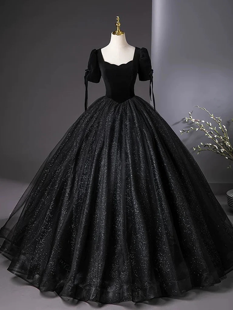 Black Glitter Tulle Ball Gown With Puff Sleeves And Sweetheart Neckline on  Luulla