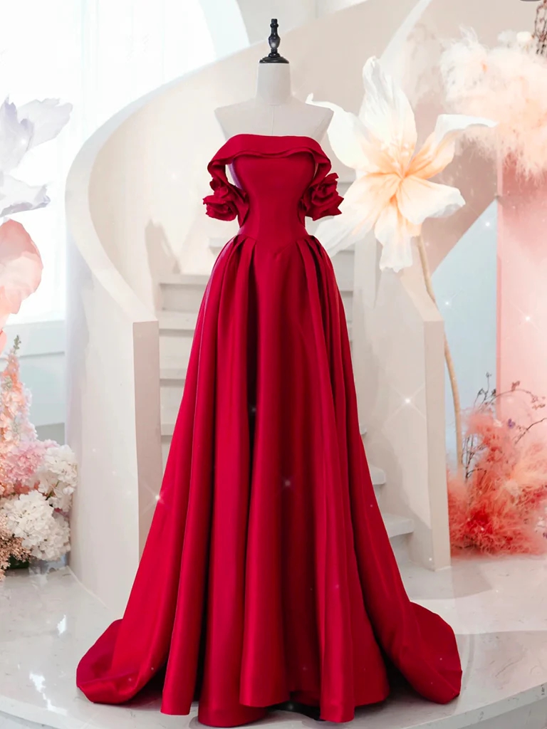 Stunning Red Satin Prom Dress With Dramatic Off-shoulder Sleeves, Prom Dress  2025 on Luulla