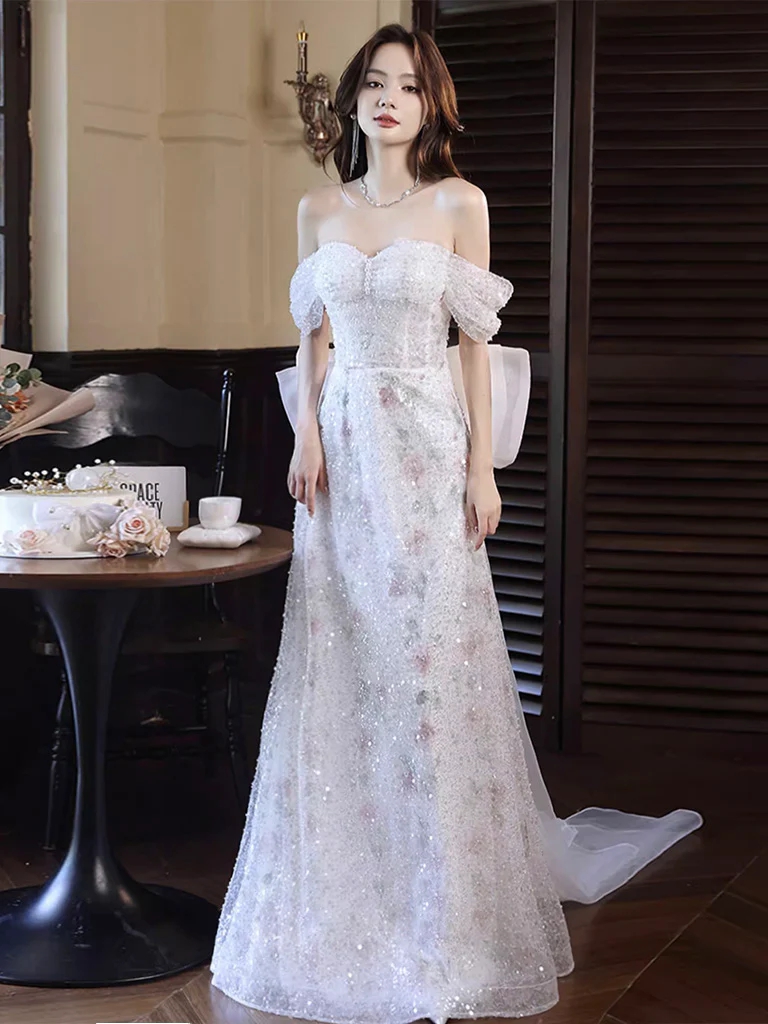 white prom dresses 2025 Off Shoulder Tulle Lace Long Dress With Bow Prom Long Featuring delicate spaghetti straps and intricate lace applique detailing on the bodice White Beaded Convertible Mermaid Prom