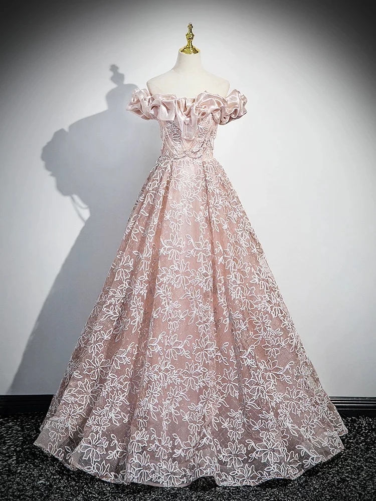 Blush Pink Off-shoulder Formal Gown With Floral Embroidery 2025 on Luulla Blush Pink Off-shoulder Formal Gown With Floral Embroidery 2025 on Luulla