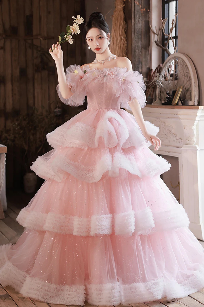 Exquisite Pink Layered Ball Gown With Floral Accents, Prom Dress 2025 on  Luulla