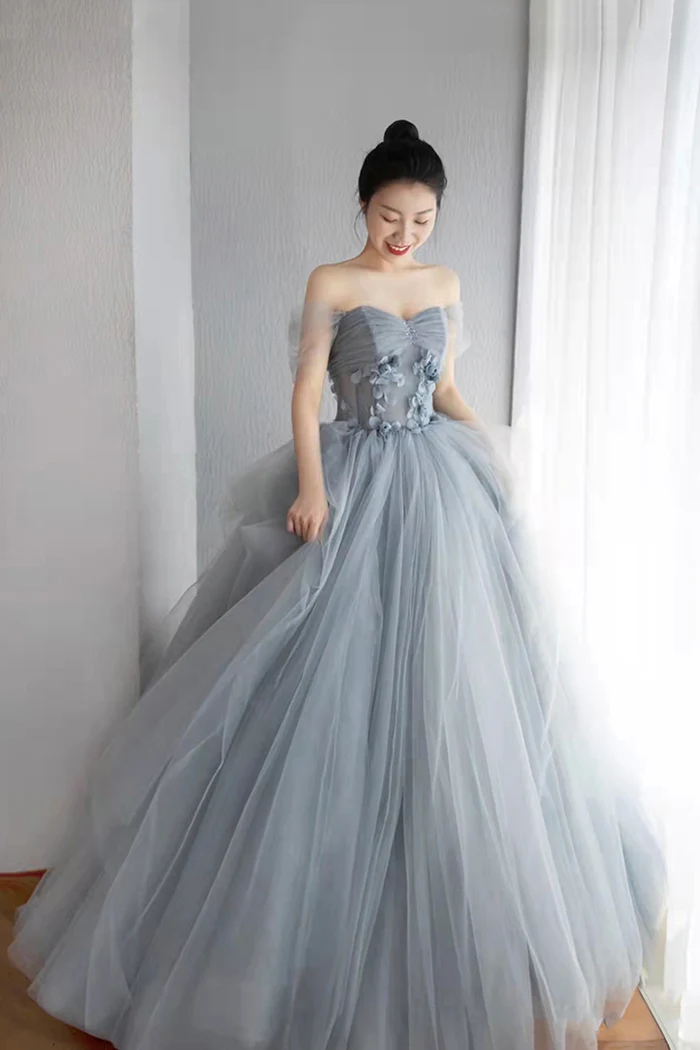 grey strapless prom dress Coral Pink Mermaid Strapless Beaded Satin Long Prom Dresses With Slit main image 0
