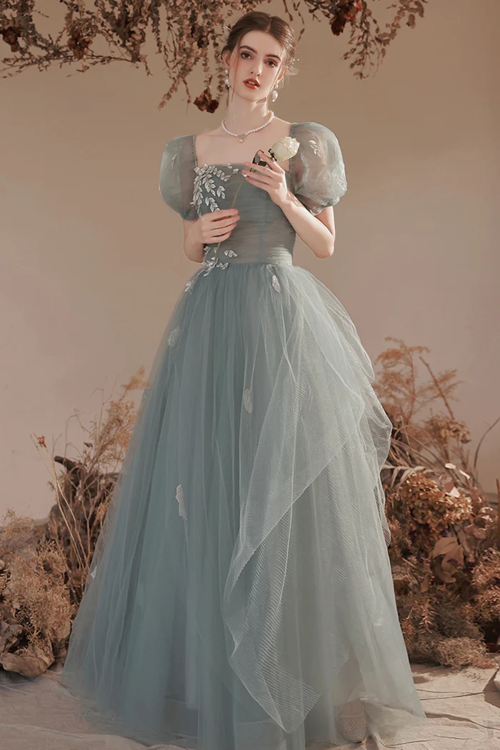 dusty blue puff sleeve dress Puffy Sleeves Prom Dresses 2022 Satin Long  Lisposa