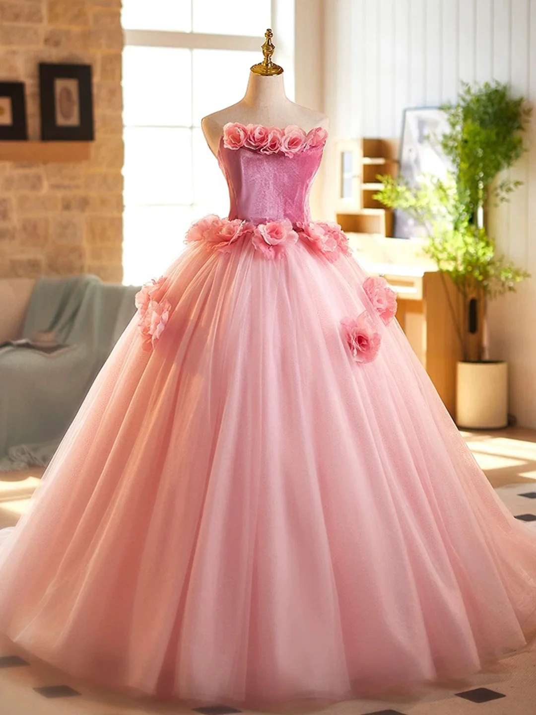 Stunning Pink Flower Embellished Princess Tulle Dress, Prom Dress 2025