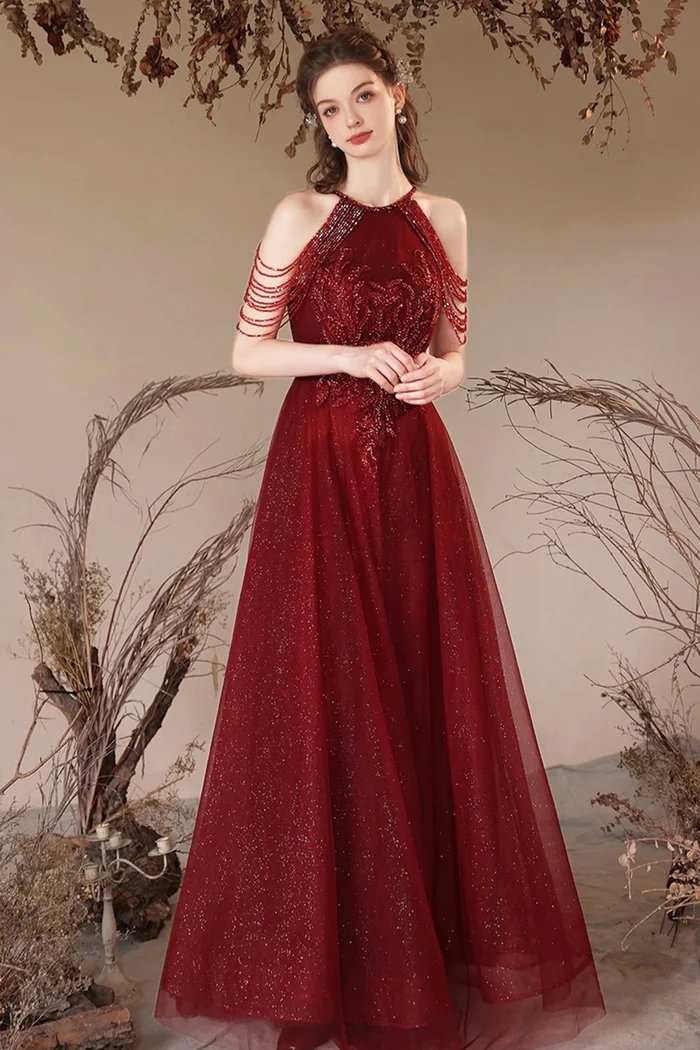glamorous burgundy dress Zelda Side Slit Velvet Sequin Gown main image 1