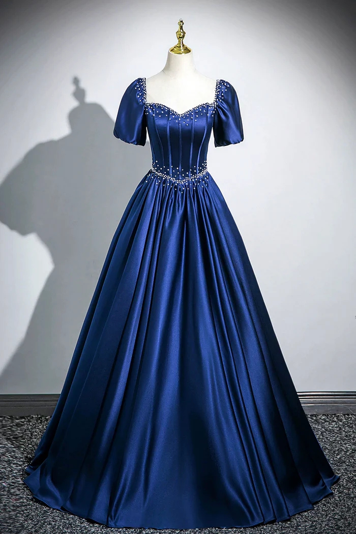 Royal Blue Satin Ball Gown With Puff Sleeves And Pearl Accents, Prom Dress  2025 on Luulla