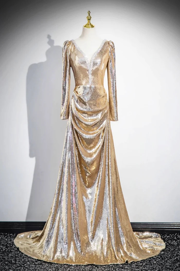 Shiny V-Neck Long Sleeve Gold Sequins Evening Party Dress 2025 Prom Dress