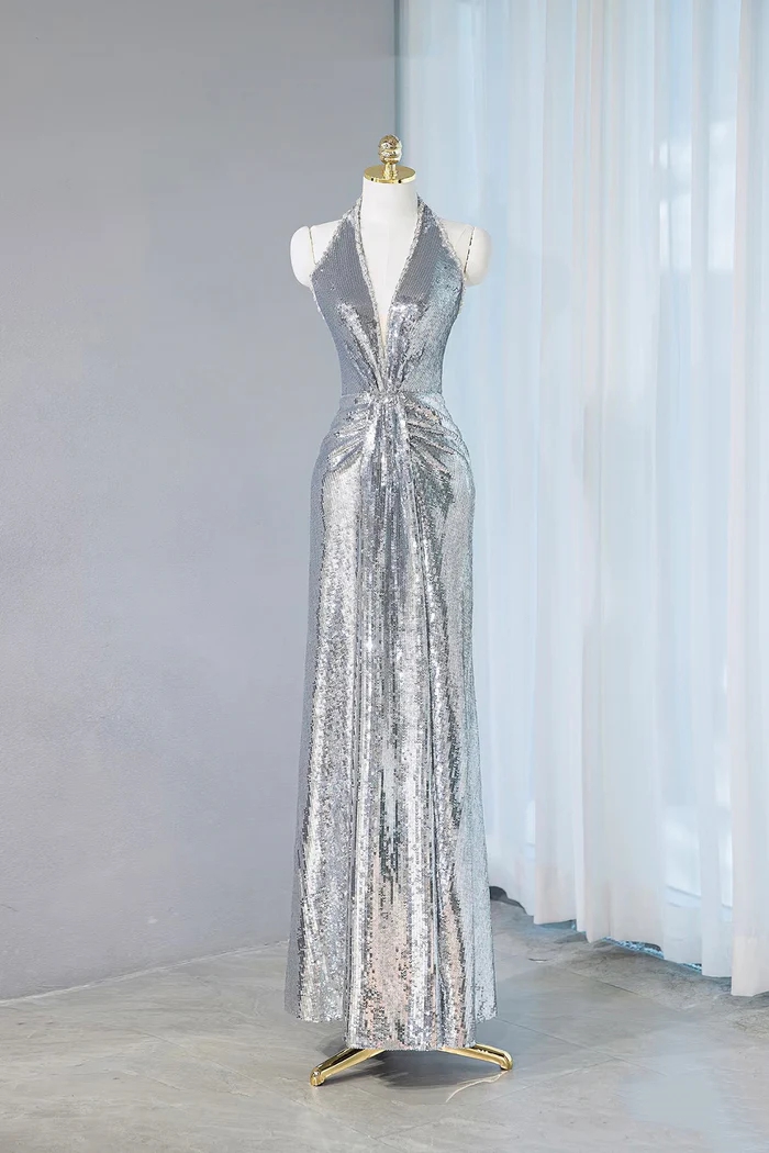 Shiny V-neck Silver Sequins Evening Party Dresses on Luulla