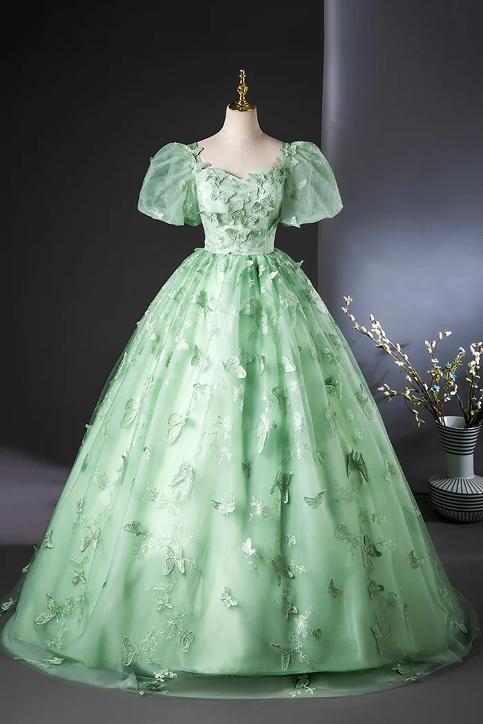 Fairy Tale Mint Green Ball Gown With Puff Sleeves And Butterfly Appliques