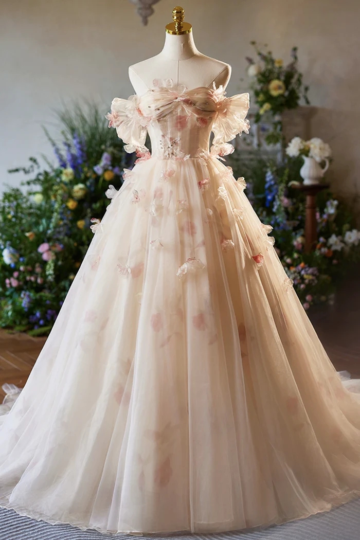 open lace back dress Princess Coral Pink V-Neck A-Line Long Prom Dress with Appliques –  FancyVestido main image 1
