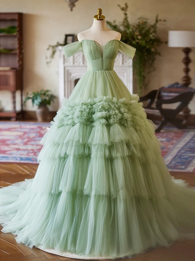 Off-shoulder Mint Green Ball Gown With Ruffled Tulle Layers And Romantic Sweetheart Bodice
