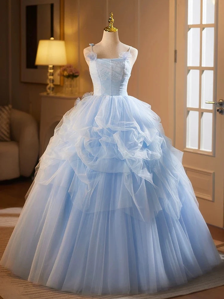 Light Blue Princess Ball Gown With Ruffled Tulle Layers And Corset Bodice
