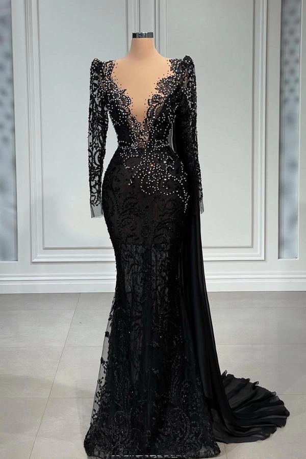 Sophisticated Black Beaded Long-sleeve Gown With Train, Prom Dress 2025 on  Luulla