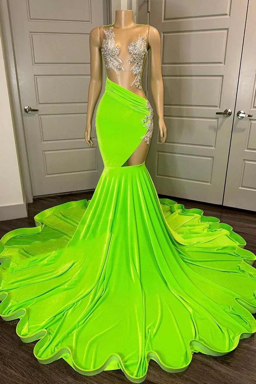 illusion mermaid prom dress Satin Mermaid Evening Dress Crset Illusion Side Slit Beaded Prom Dress Msikoods Official Store
