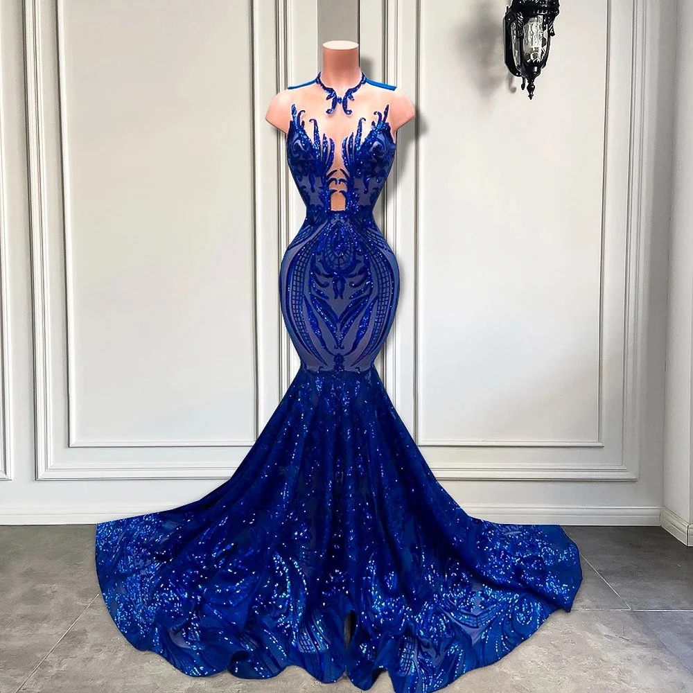 royal blue sheer prom dress Royal Blue Mermaid Prom Gown Backless Prom Dress Long Evening Dress with Ivory Appliques ARD3105