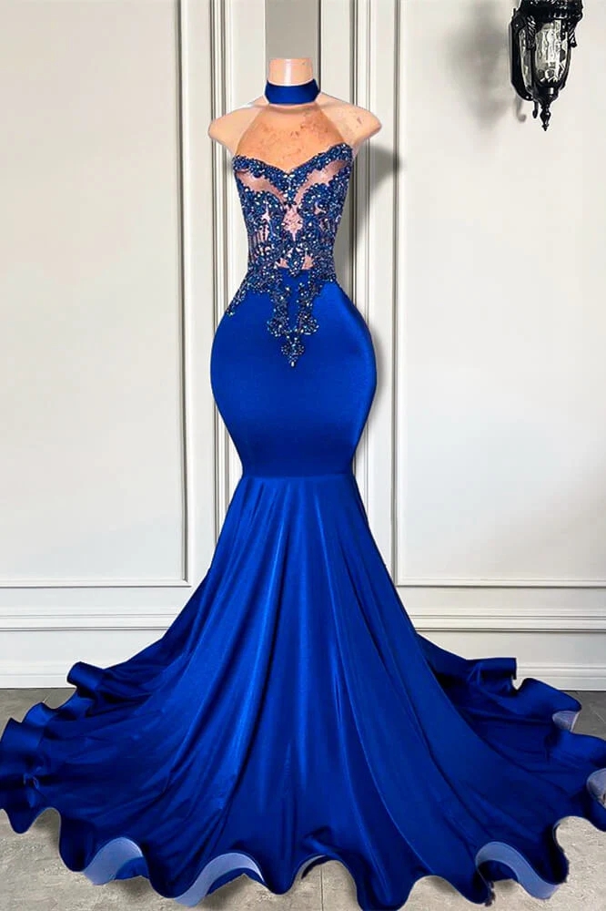 High Neck Royal Blue Stain Prom Dress With Beading