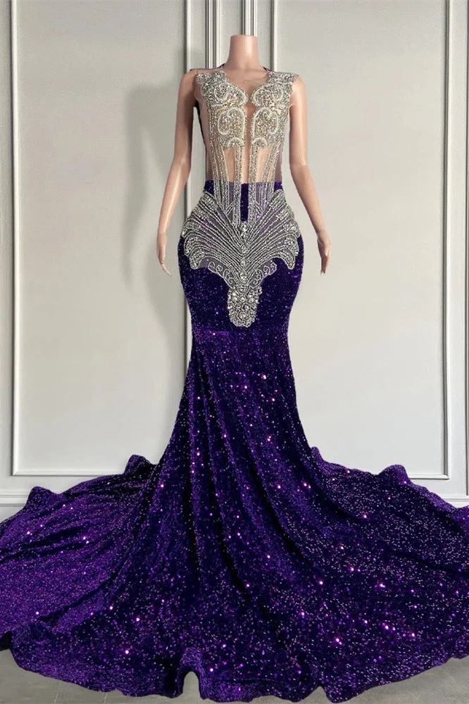 Dazzling Purple Sequin Gown with Sheer Beaded Bodice, Prom Dresses 2025