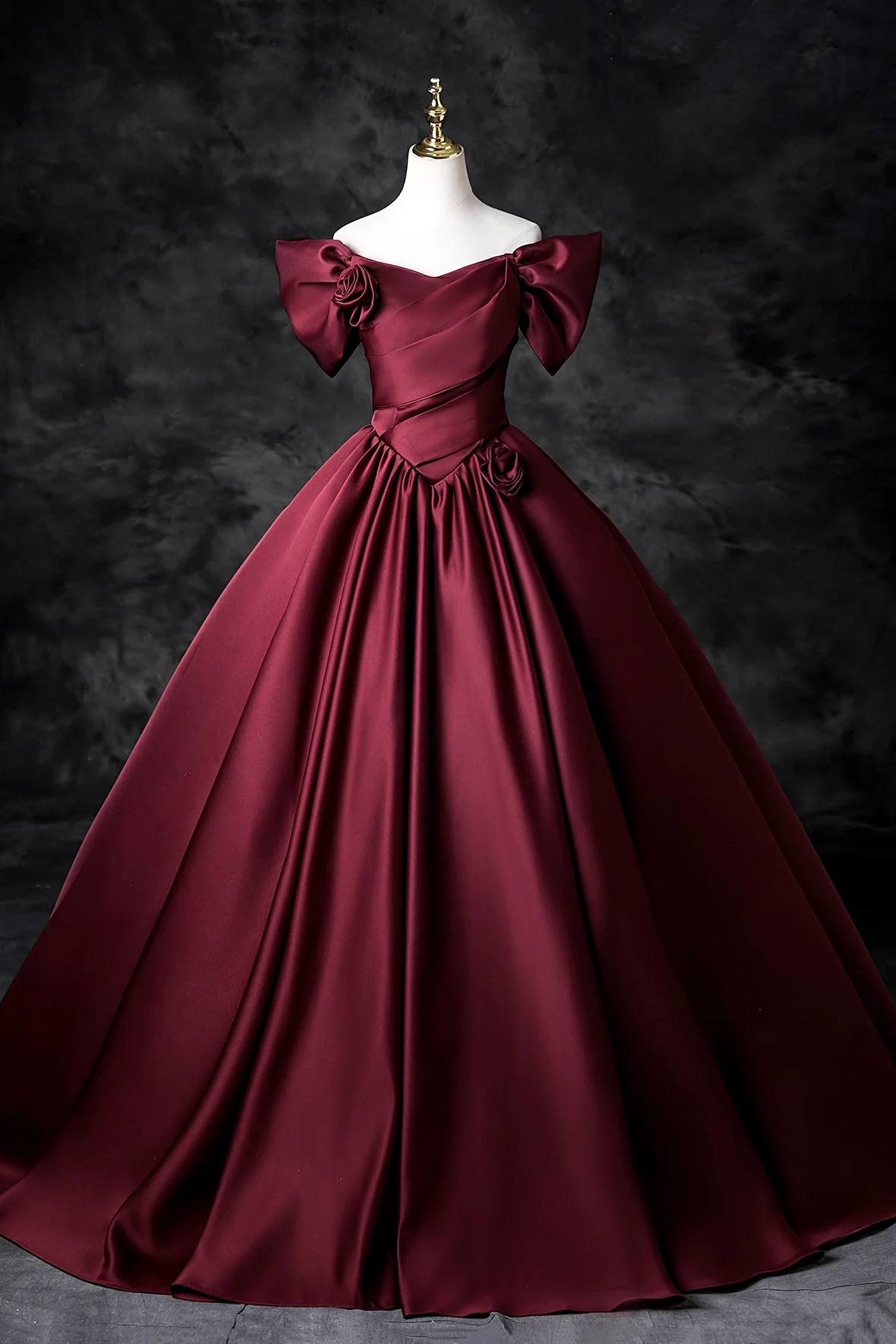 Off-shoulder Burgundy Satin Ball Gown With Floral Accents