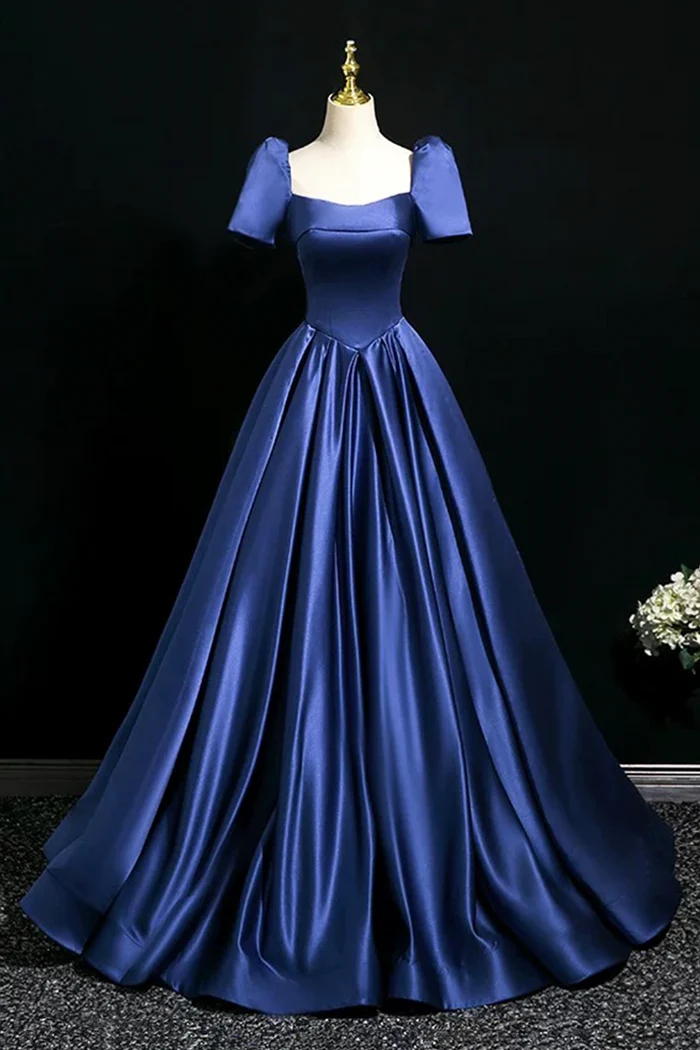 Royal Blue Satin Prom Dress With Off-shoulder Sleeves And Ballgown Silhouette