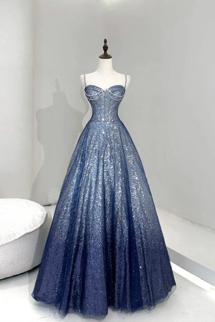 blue snow dress Pale Blue Glitter Tulle Spaghetti Strap Prom Dresses For Teens, CP0813 –  clover sew main image 1