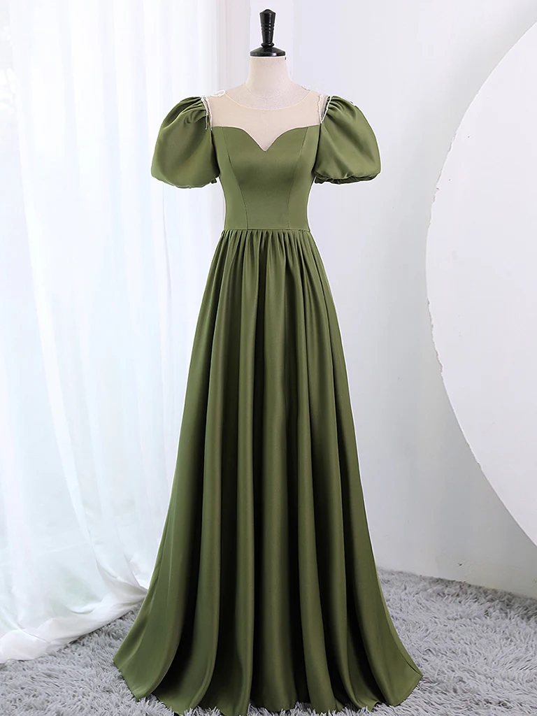 Olive Green Puff Sleeve Mesh Neckline Long Gown Olive Green Puff Sleeve Mesh Neckline Long Gown