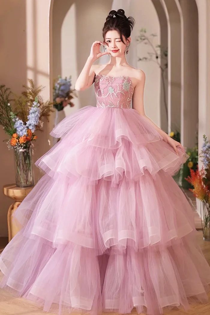 Sweetheart Pink Tulle Layers Long A-line Prom Dresses on Luulla