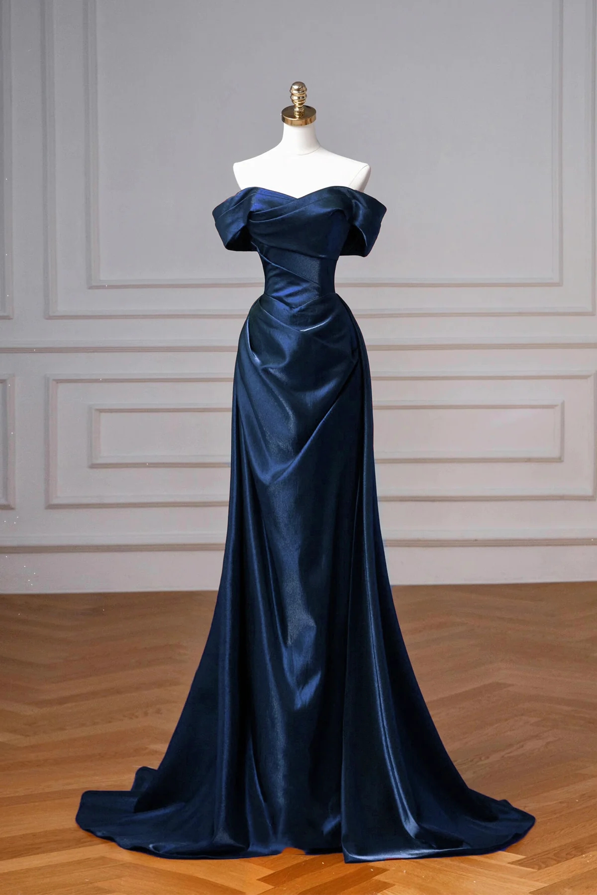 Dazzling Off-the-shoulder Satin Gown With Enchanting Floor-length Train  Highlighting Regal Style on Luulla