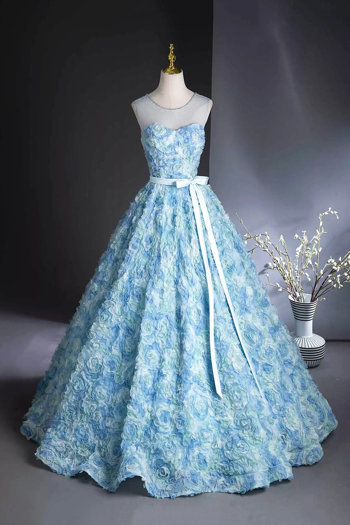 A-line Blue Rose Flower Long Prom Dresses