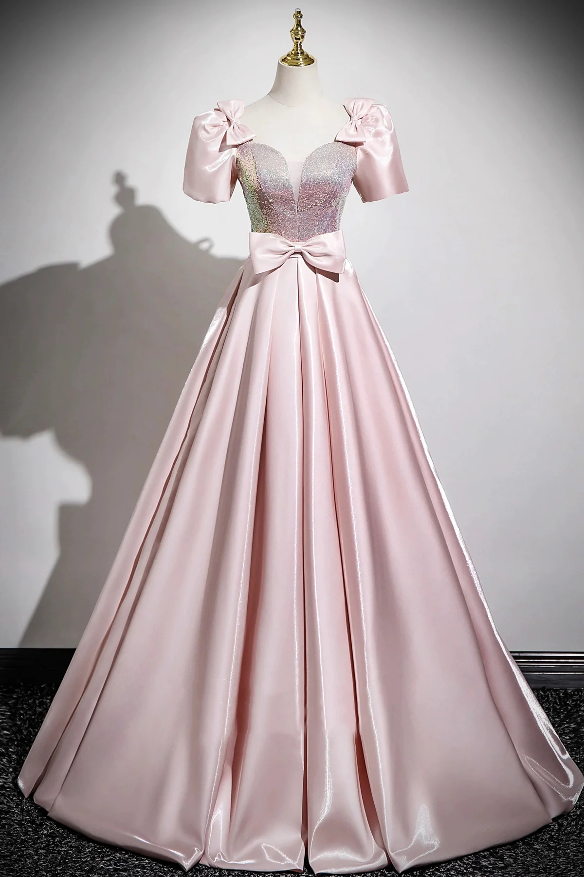 Blush Pink Satin Ball Gown With Puffy Sleeves And Glitter Bodice