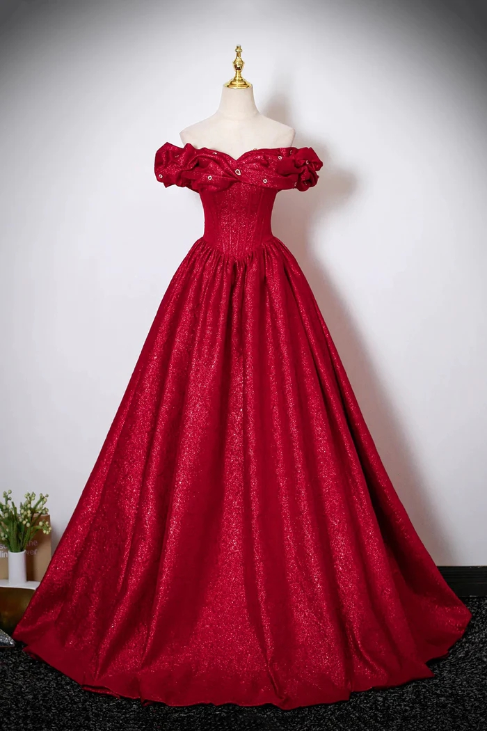 Sparkly Red Off Shoulder Ball Gown With Ruffle Sleeves on Luulla