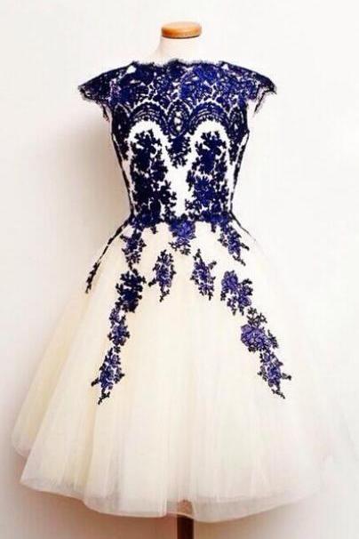 Royal Blue Lace Appliqués Cap Sleeves Short Tulle Homecoming Dress, Party Dress