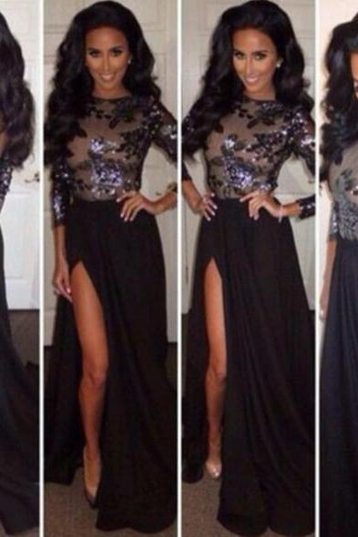 Sexy Lace Backless Dress, Long Sleeves Prom/Evening Dresses, Cheap Formal Dresses ,Floor Length Long Prom Dress, Black Prom Dress