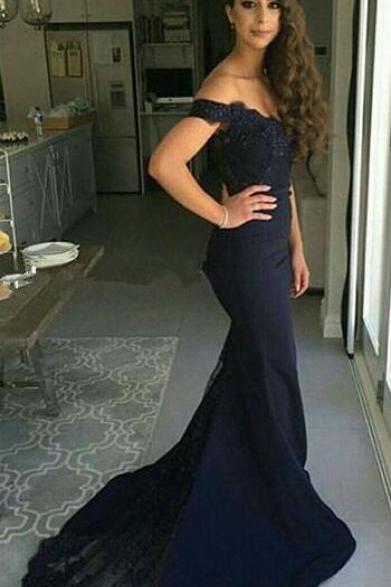 Sexy lace Prom Dresses,Navy Blue Mermaid Prom Dress,Long Prom Dress 2016,Navy Blue Lace Prom Dress,Custom Made Off Shoulder Prom Dress