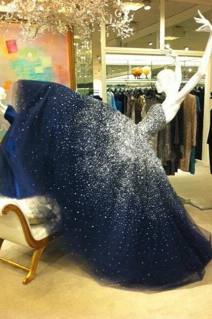 Floor Length Prom Dress, Beaded Prom Dress, Strapless Prom Dress,Navy Tulle Prom Dress Vestidos De Festa Fashion Girl Party Dress, Prom Gowns Ball Gown