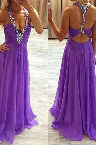 Sexy Purple Prom Dress, Prom Dress,long Chiffon Prom Dresses With Crystals