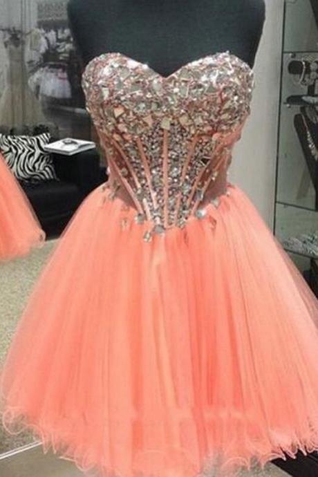 Short Beading Prom Dress,tulle Cocktail Dresses, Party Dresses, Homecoming Dresses With Crystals