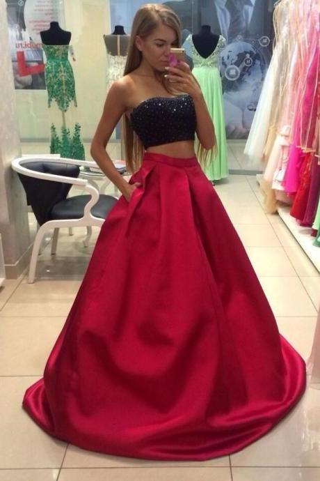 Black Red Two Piece Prom Dresses,A Line Prom Gown,2018 Prom Dress,Sexy Beads Prom Gowns,Homecoming Dresses,Beads Top Prom Dance Dress