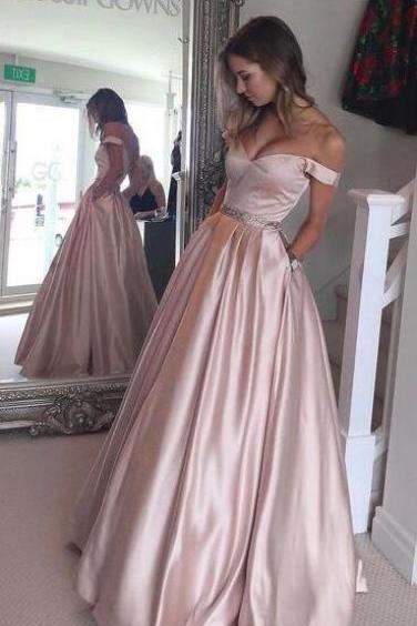 Off the Shoulder Prom Dress, Beauty Ball Gown Prom Dress, Pearl Pink Prom Dress, A-line Prom Gown, Princess Party Dress, Senior Prom Dress, Long Evening Dress With Pocket