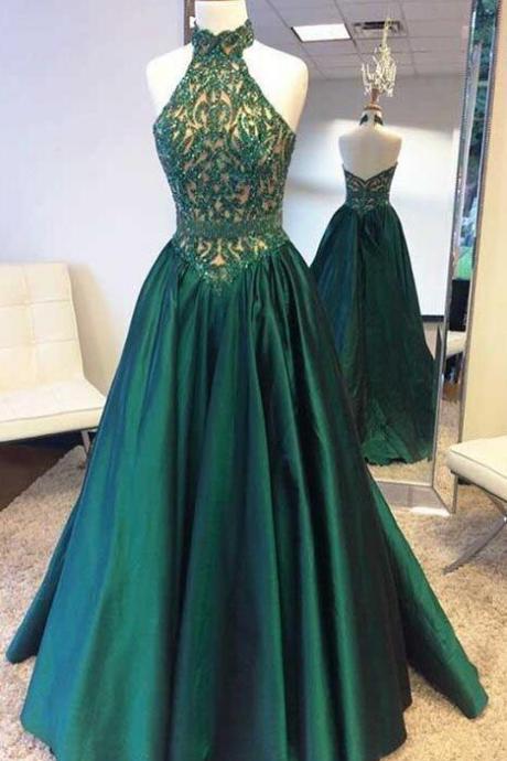 Halter Prom Dresses, Cheap Prom Dress,Long Hunter Prom Dress, Beading Prom Dresses, Emerald Green Prom Dress, Long Party Dress, A Line Evening Dresses,Prom Dress