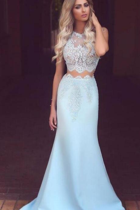 Sexy Prom Dress,Two Piece Prom Dress,Light Blue Prom Dresses, Satin Prom Dress, white Lace See-through Evening Dress, Mermaid Prom Dresses, Round Neck Prom Dresses, Long Formal Dresses, Prom Dress