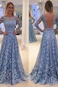 Long Sleeves Prom Dresses, Sexy Prom Dress,lace Prom Dresses, Blue Prom Dress, Long Evening Dresses, Lace Formal Dresses, Prom Dress